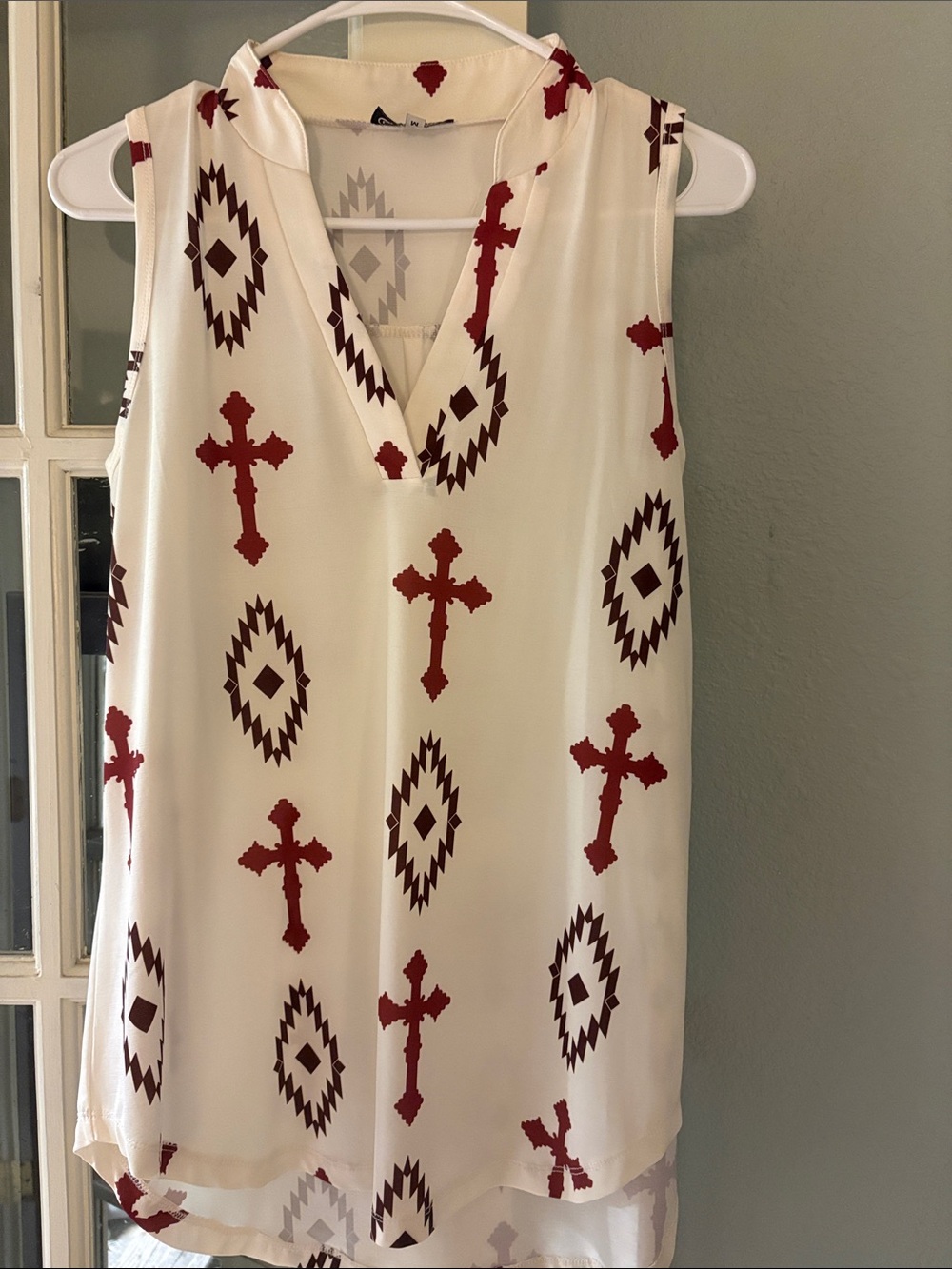 Sleeveless Cream V-Neck Blouse with Red Cross & Diamond Print